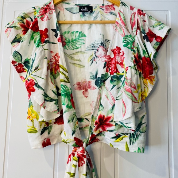Dotti Tops - NWOT White Floral Tie Up Bolero Ruffle Cap Sleeves 10